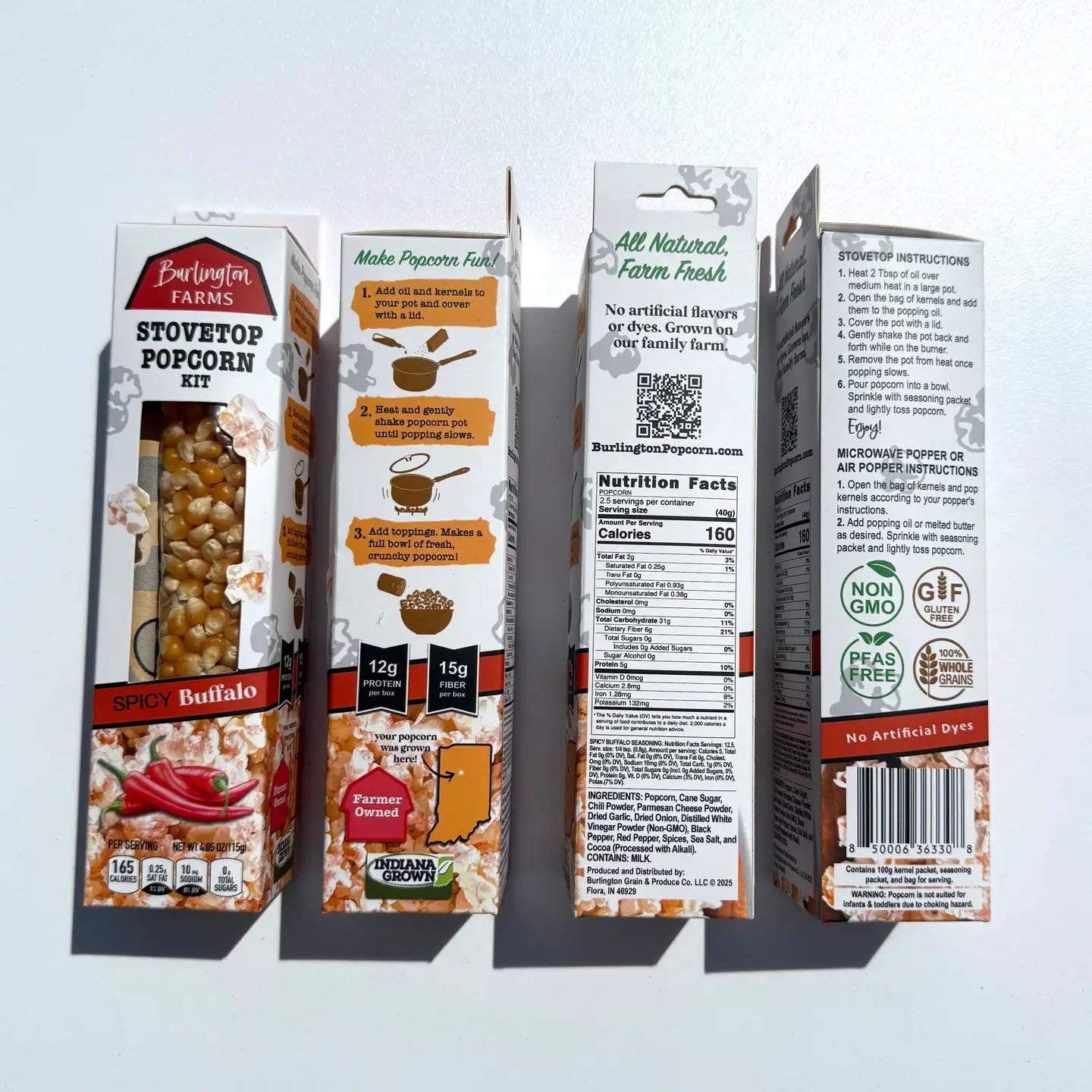 Burlington Farms stovetop popcorn kit boxes on a light gray background