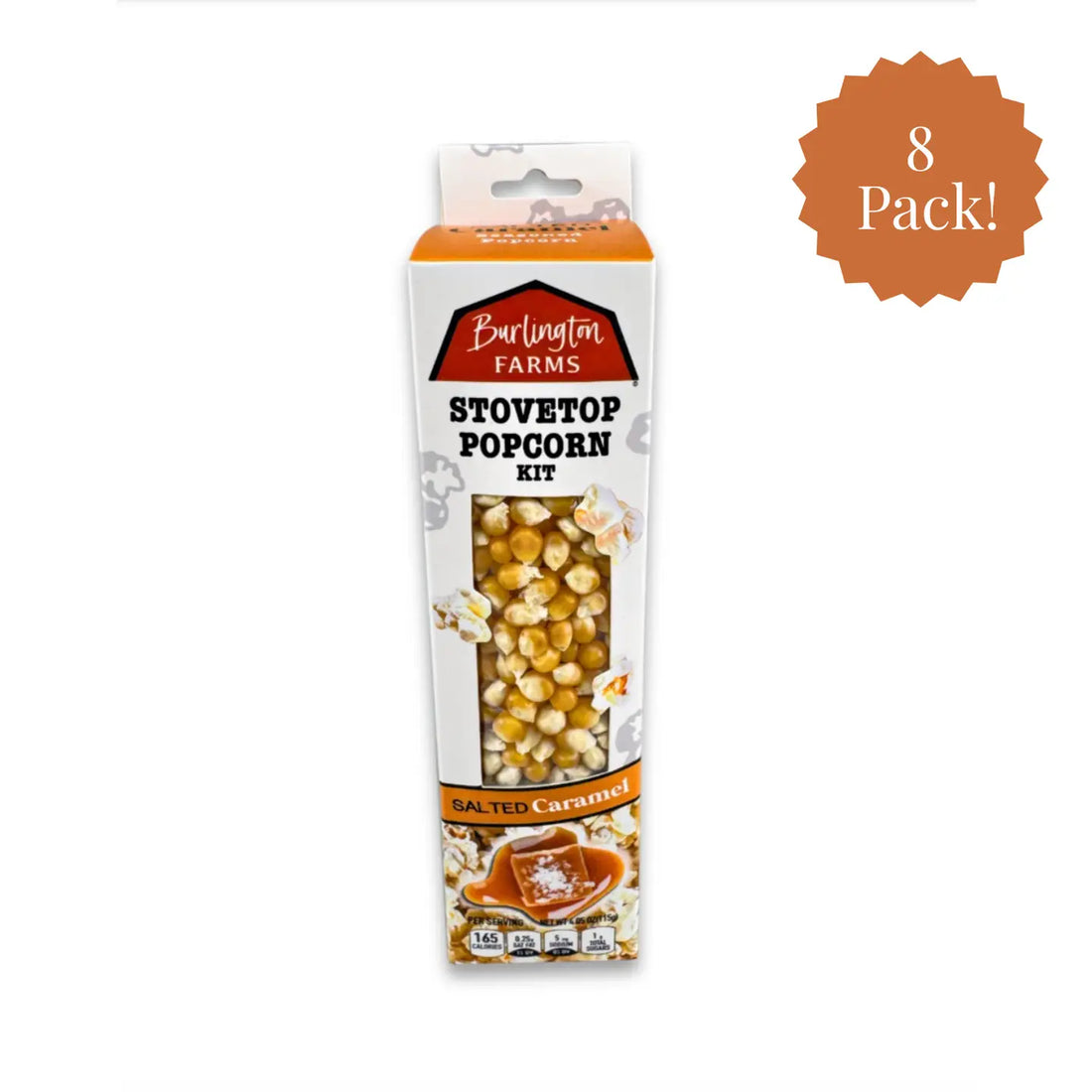 Burlington Farms stovetop popcorn kit packaging with '8 Pack!' label on a white background