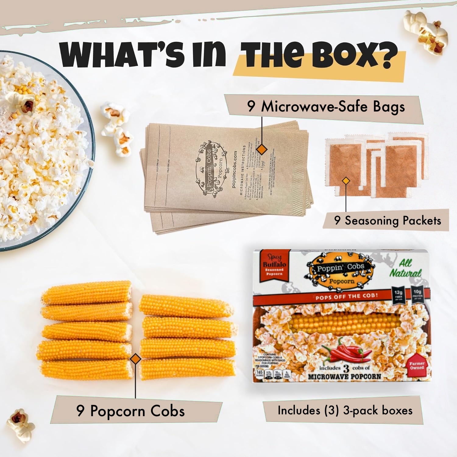 Popcorn kit contents including popcorn cobs, seasoning packets, and microwave-safe bags on a white background.