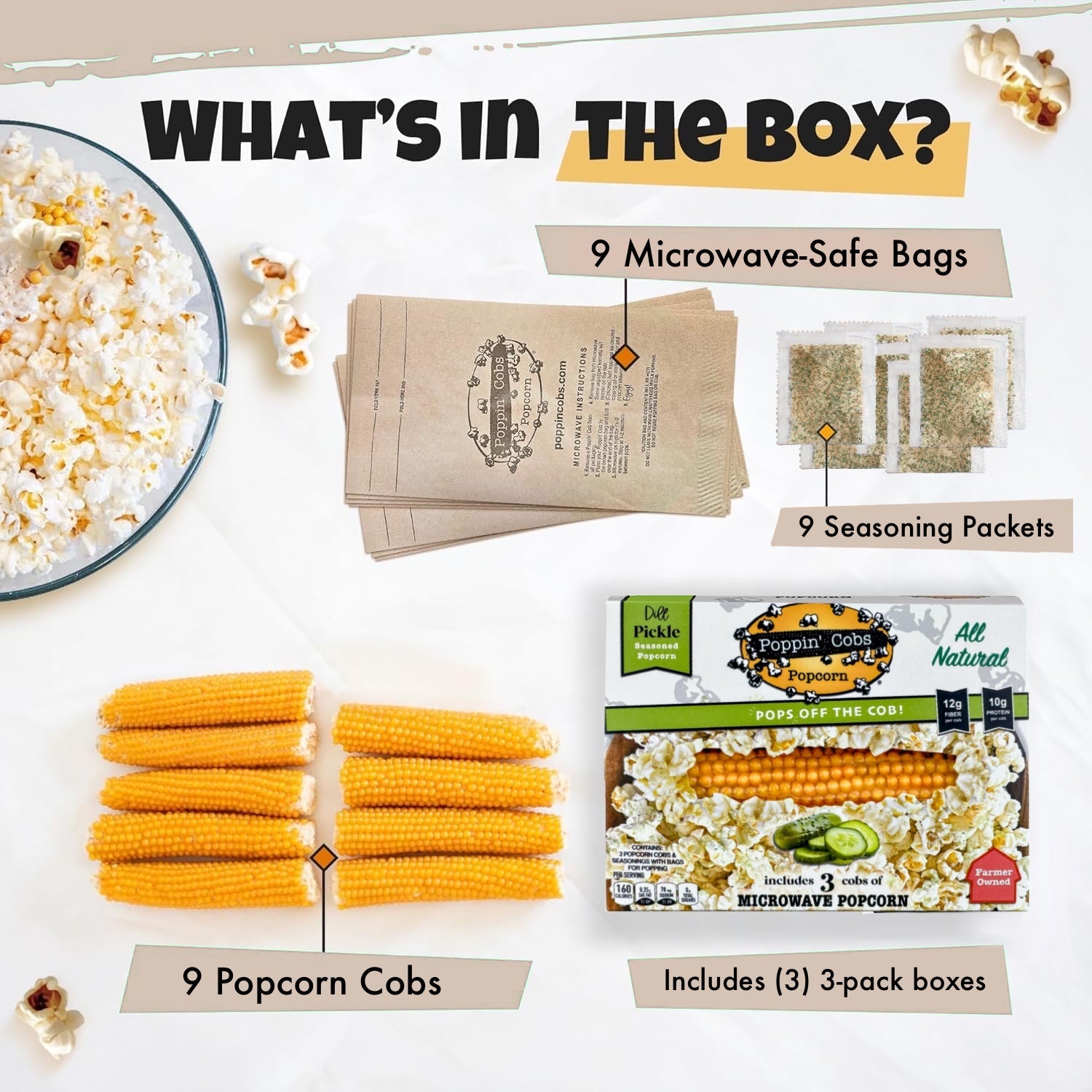 Popcorn kit contents including popcorn cobs, bags, seasoning packets, and a box on a white background.