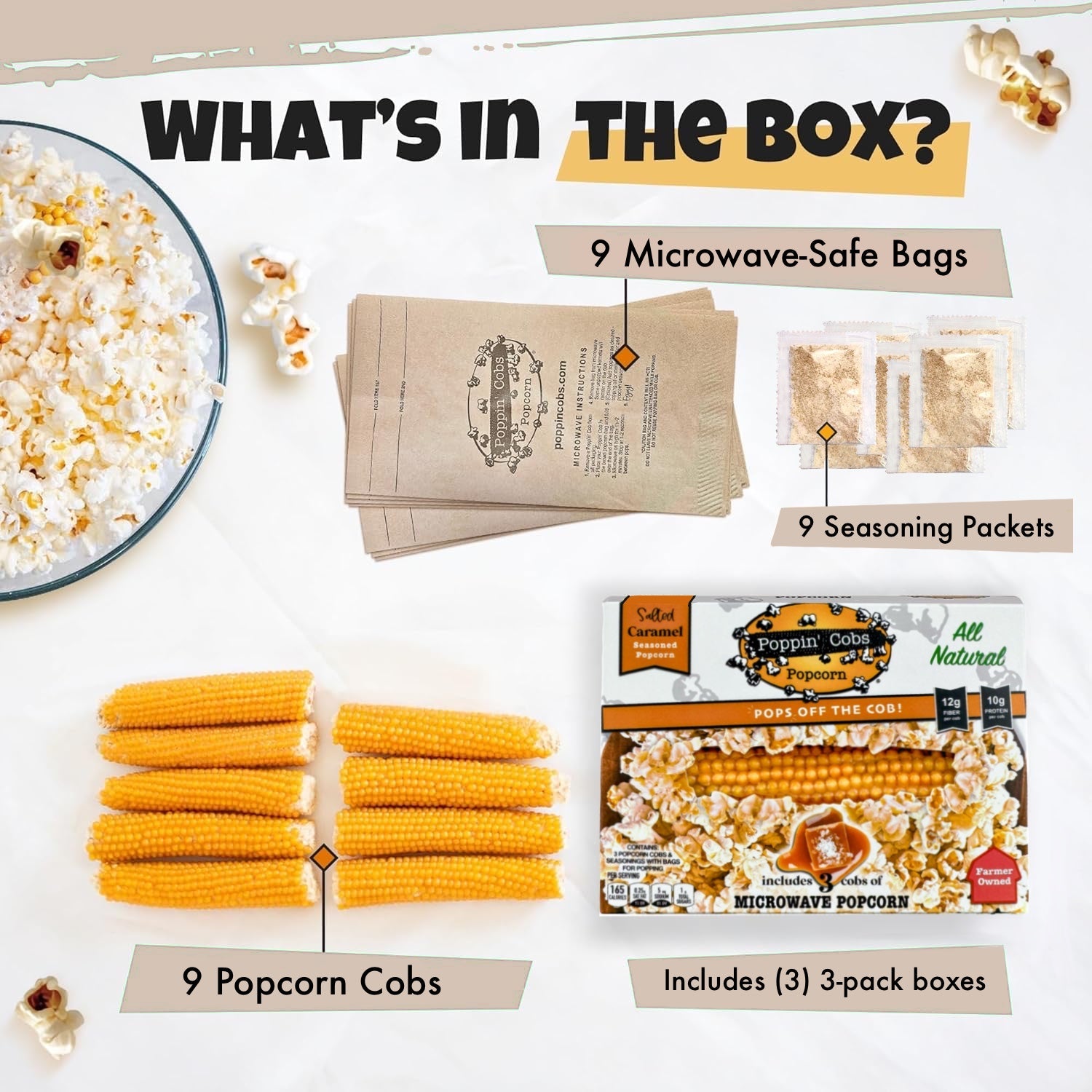 Popcorn kit contents including popcorn cobs, bags, seasoning packets, and a box on a white background.