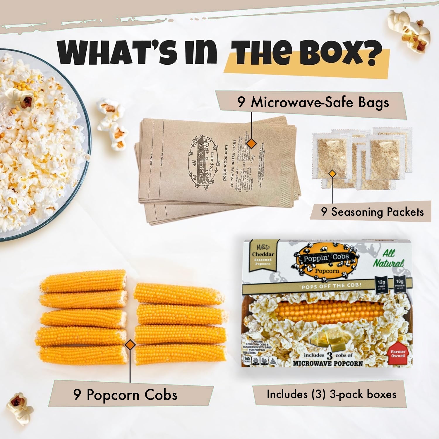 Popcorn kit contents including popcorn cobs, seasoning packets, and microwave-safe bags on a white background.