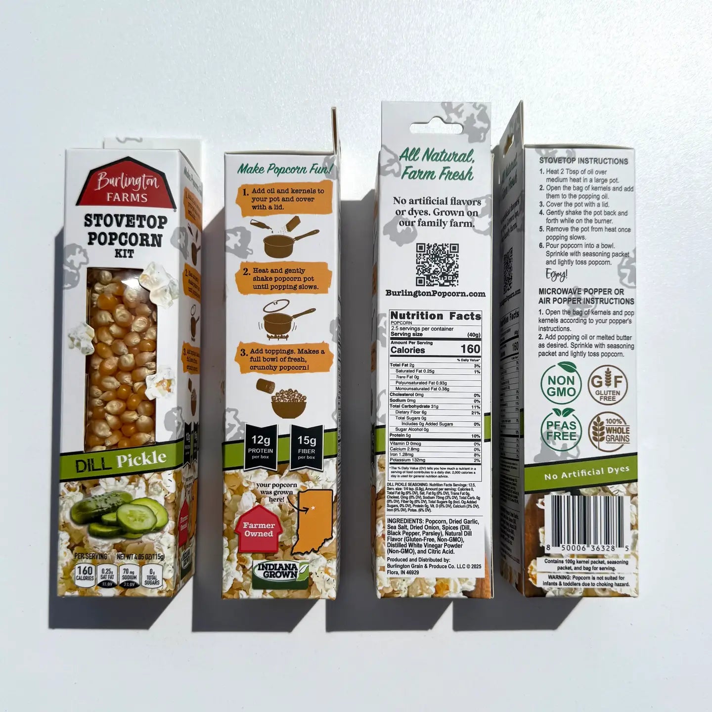 Burlington Farms stovetop popcorn kit packaging on a white background