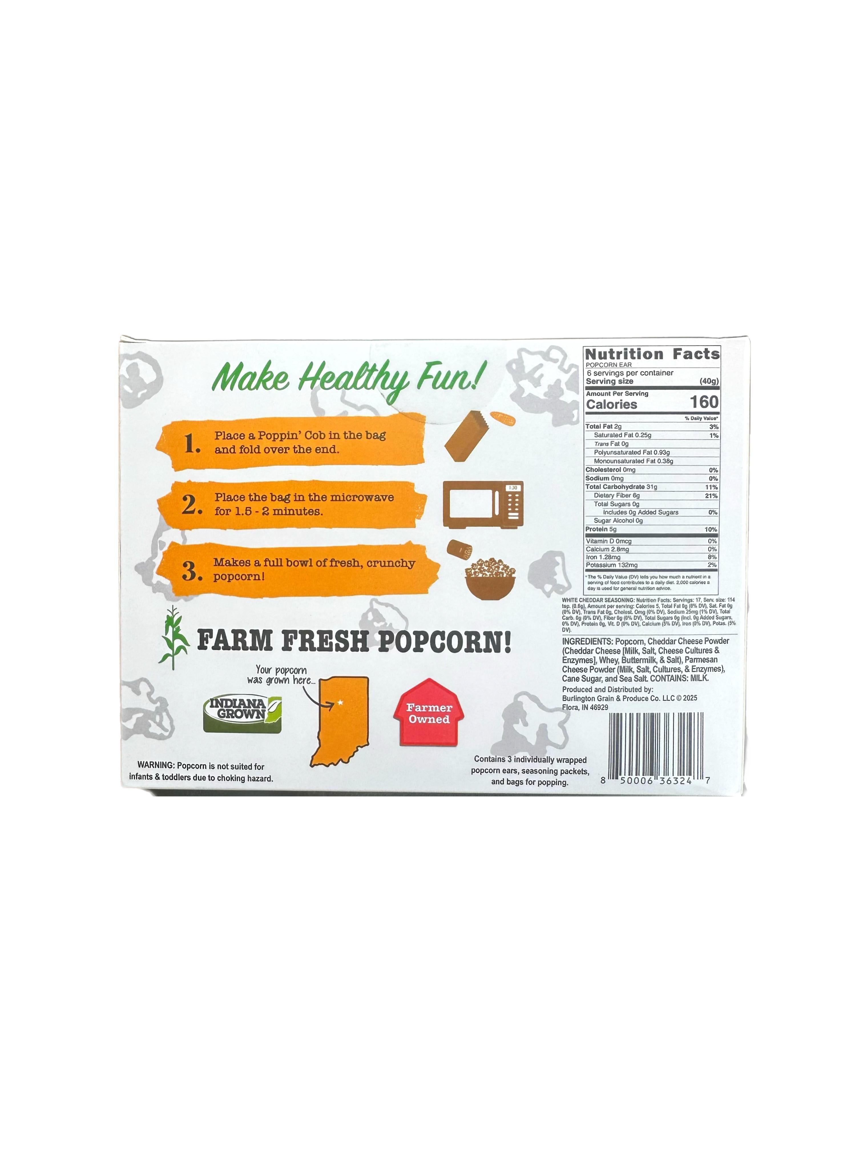 Back of a popcorn bag with branding and nutritional information on a white background