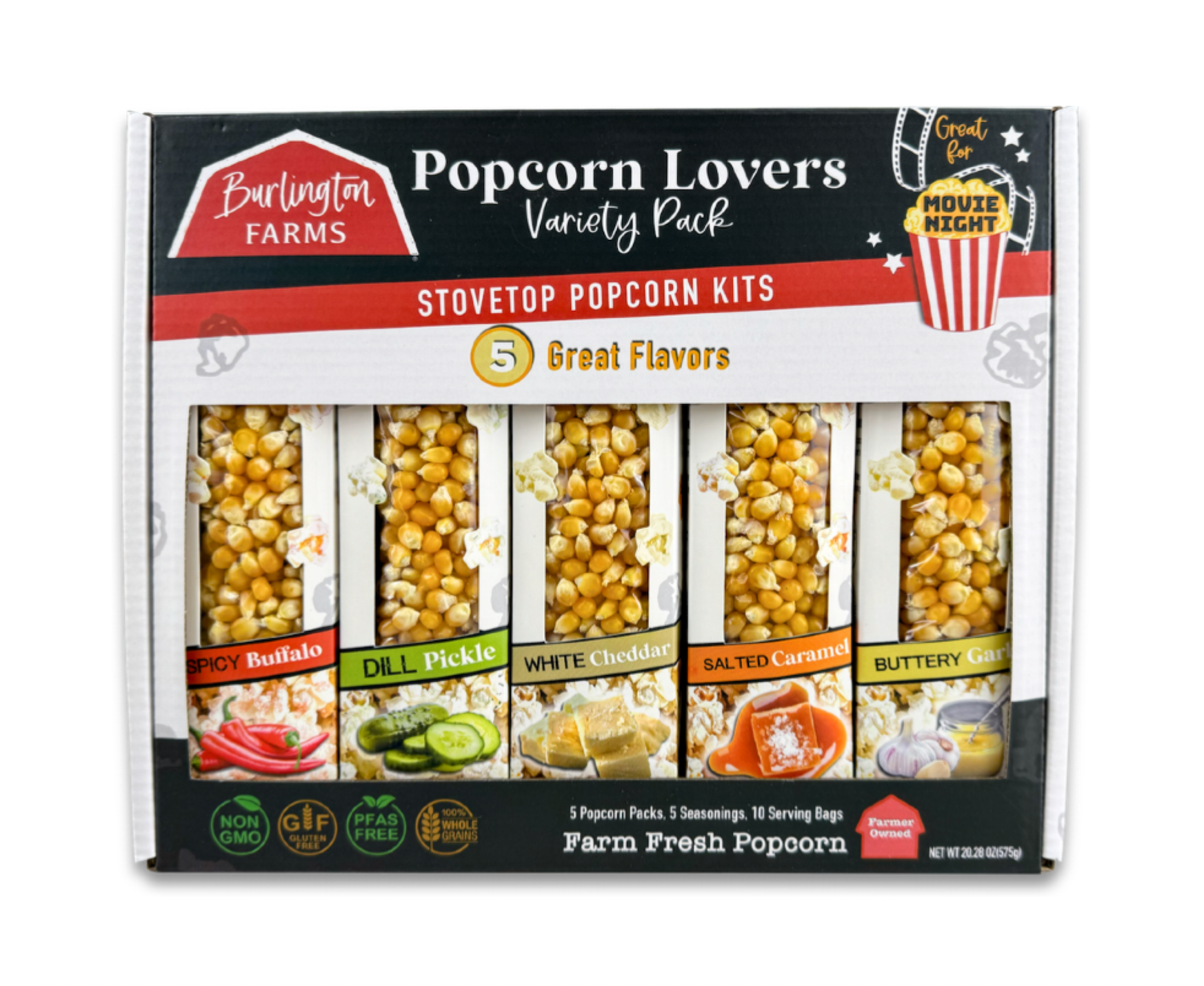 Burlington Farms Popcorn Lovers Variety Pack box on a white background