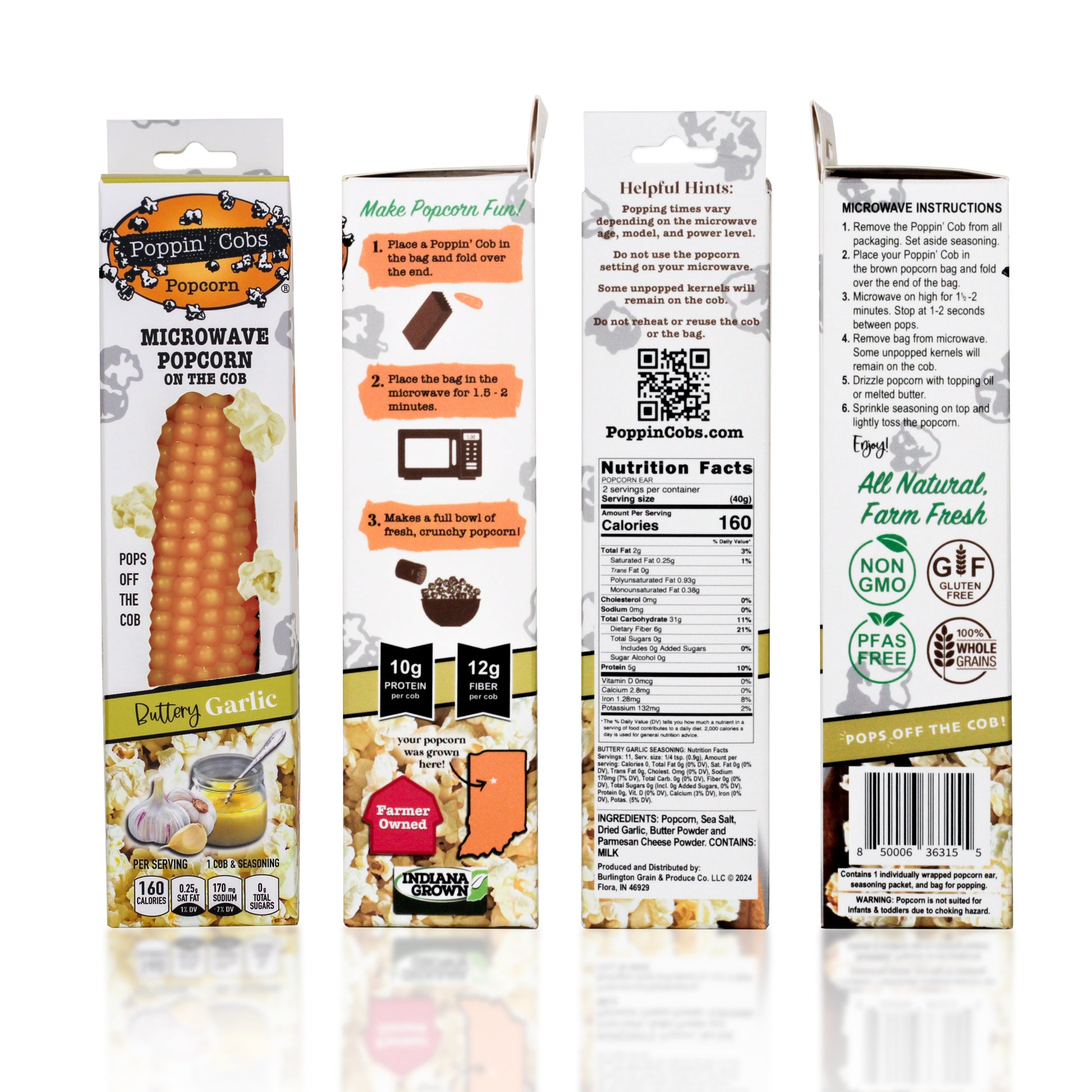 This image shows the packaging on all 4 sides. Explaining how its made (microwave for 1.5-2 minutes), grown in Indiana, Nutrition facts, helpful hints, microwave instructions, all natural , farm fresh, Non GMO, Gluten Free, PFAS free, 100% whole grain, Pops off the cob!
