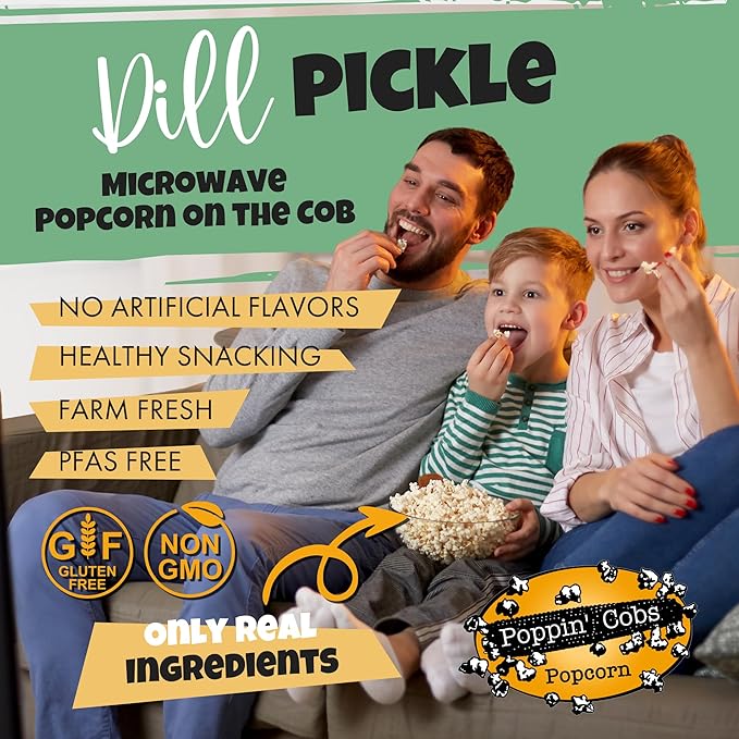 Family enjoying popcorn with promotional text for Dill Pickle microwave popcorn.
