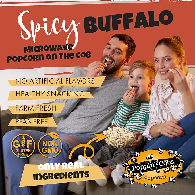 Family enjoying spicy buffalo microwave popcorn with product details on a red background