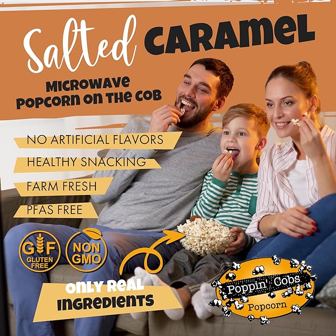Family enjoying salted caramel popcorn with product details on a brown background