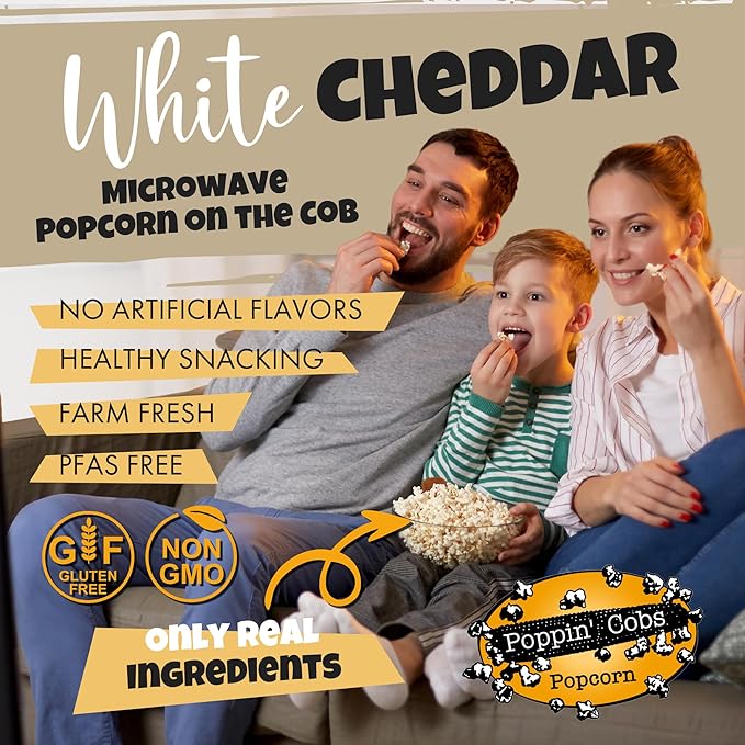 Family enjoying popcorn with product details and branding on a beige background