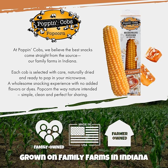 Poppin' Cobs popcorn packaging with corn illustration and text about family farms in Indiana.