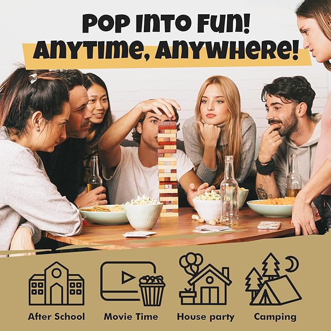 Group of friends playing with a tower game, enjoying snacks and drinks, with text 'Pop into Fun! Anytime, Anywhere!' and icons for After School, Movie Time, House party, and Camping.