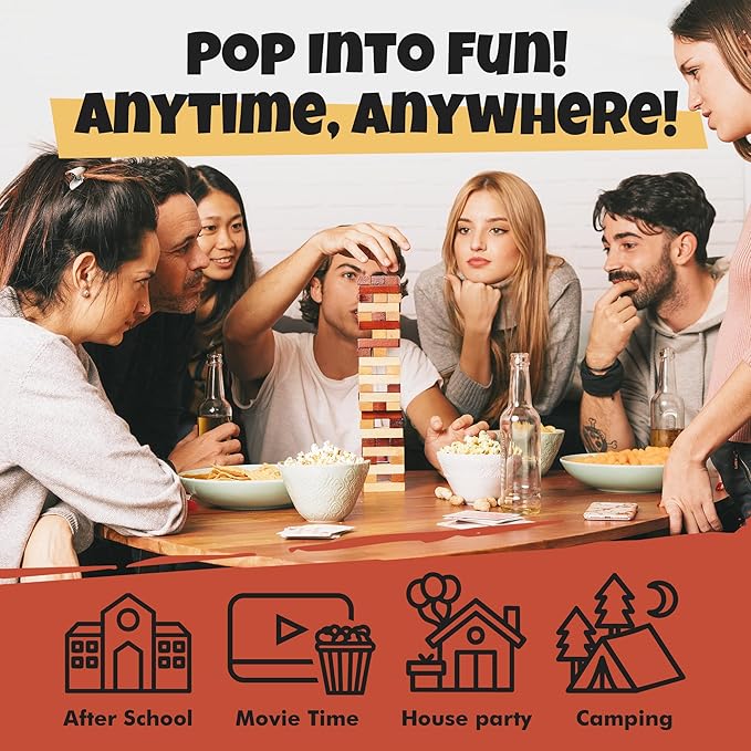 Group of friends playing with a tower of blocks, enjoying snacks and drinks, with text 'Pop into Fun! Anytime, Anywhere!' and icons for After School, Movie Time, House party, and Camping.