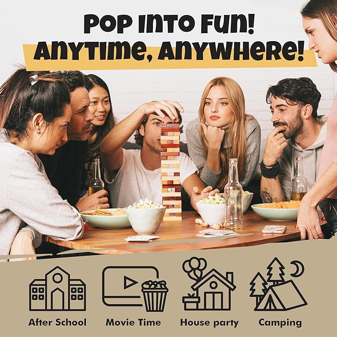 Group of friends playing with a tower game, enjoying snacks and drinks, with text 'Pop into Fun! Anytime, Anywhere!' and icons for After School, Movie Time, House party, and Camping.