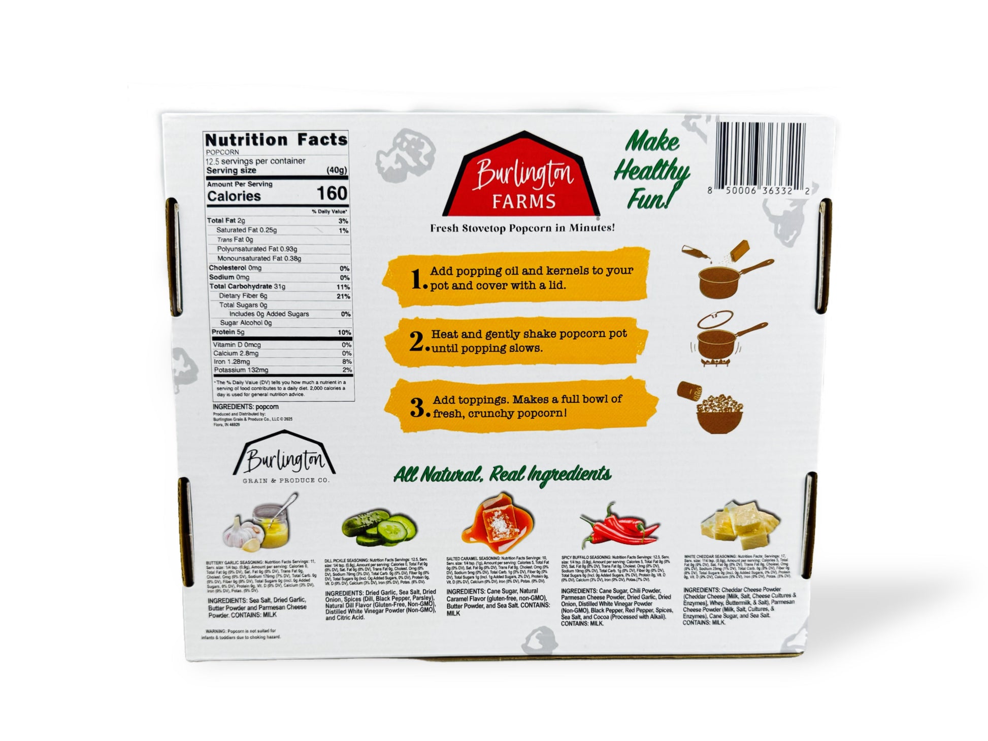 Burlington Farms popcorn packaging with nutritional information and cooking instructions on a white background