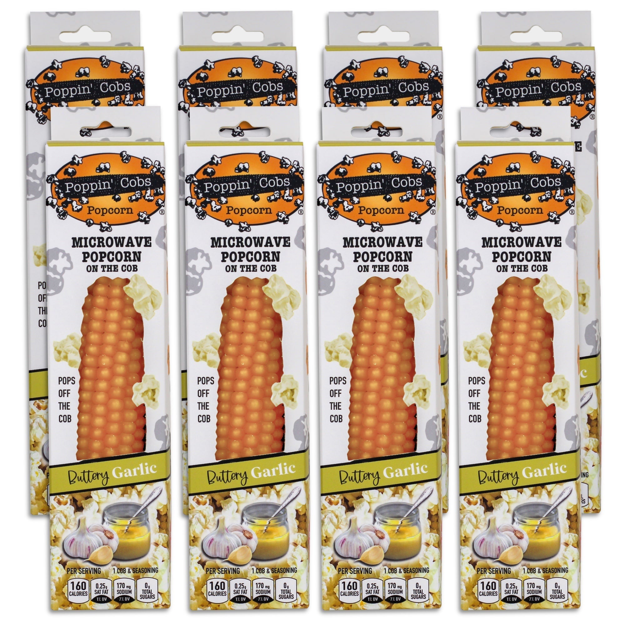 Eight packages of Poppin' Cobs Popcorn - Buttery Garlic flavored popcorn on the cob
