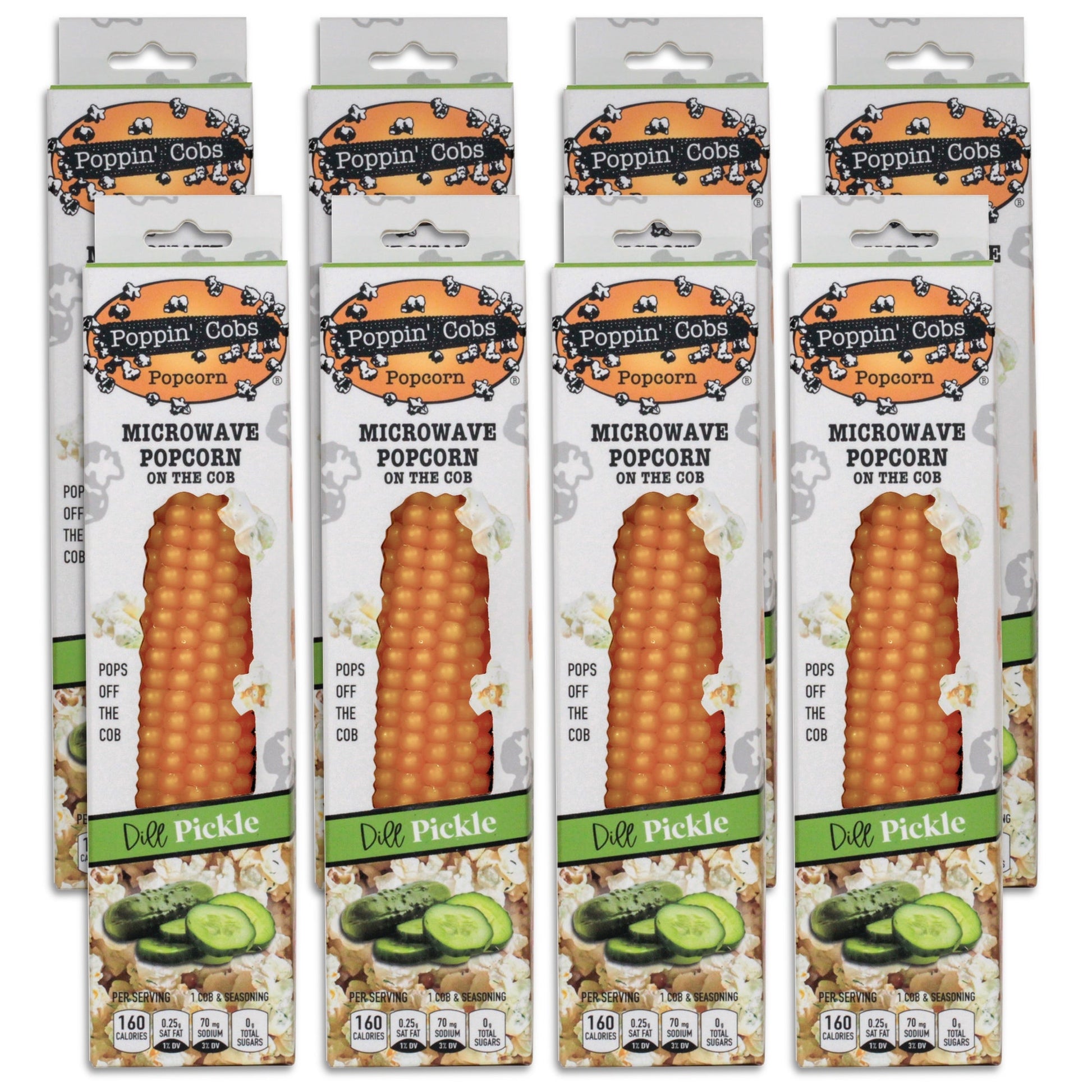 Multiple packages of Poppin' Cobs popcorn with Dill Pickle flavor packaging.