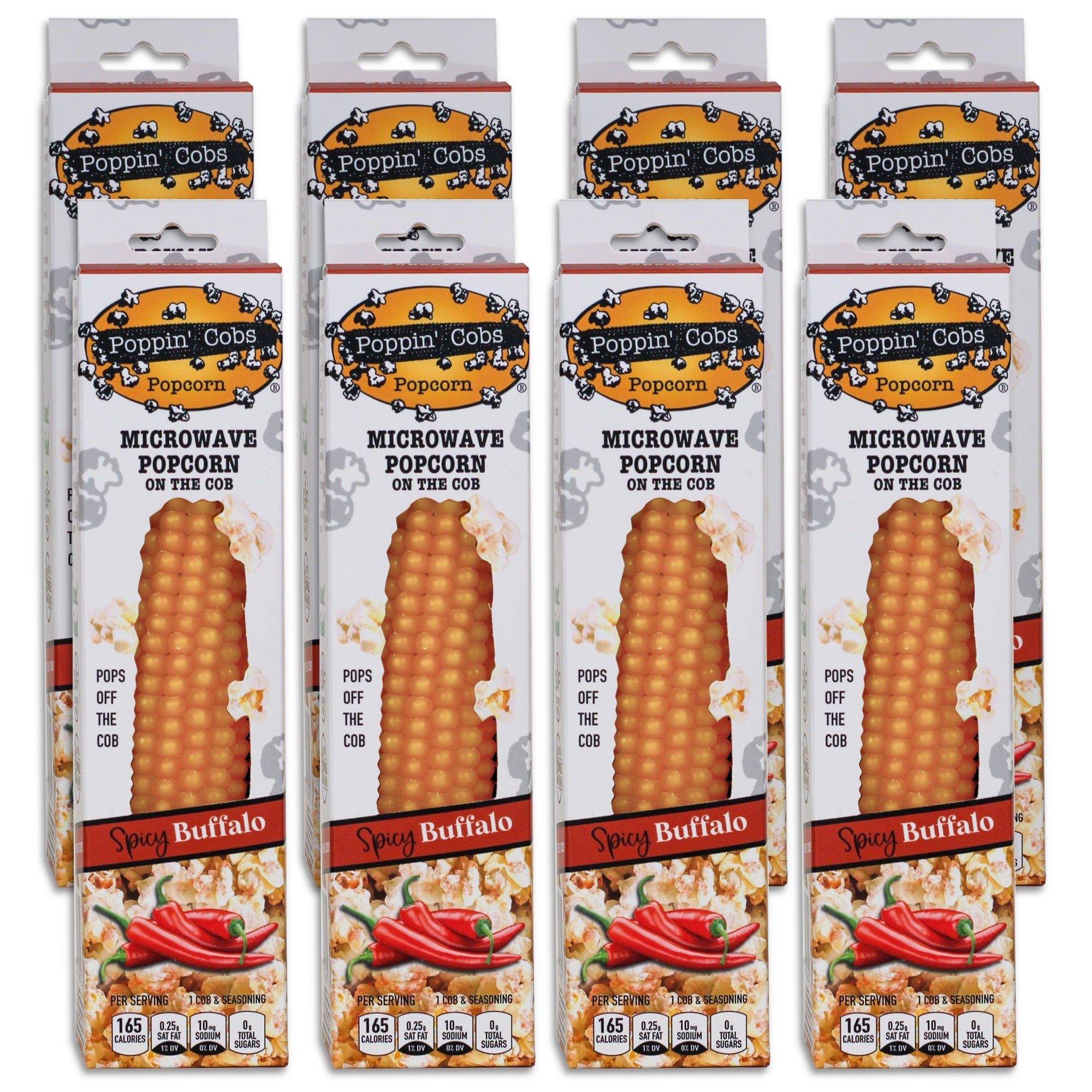 Multiple packages of Poppin' Corn spicy buffalo microwave popcorn on the cob.