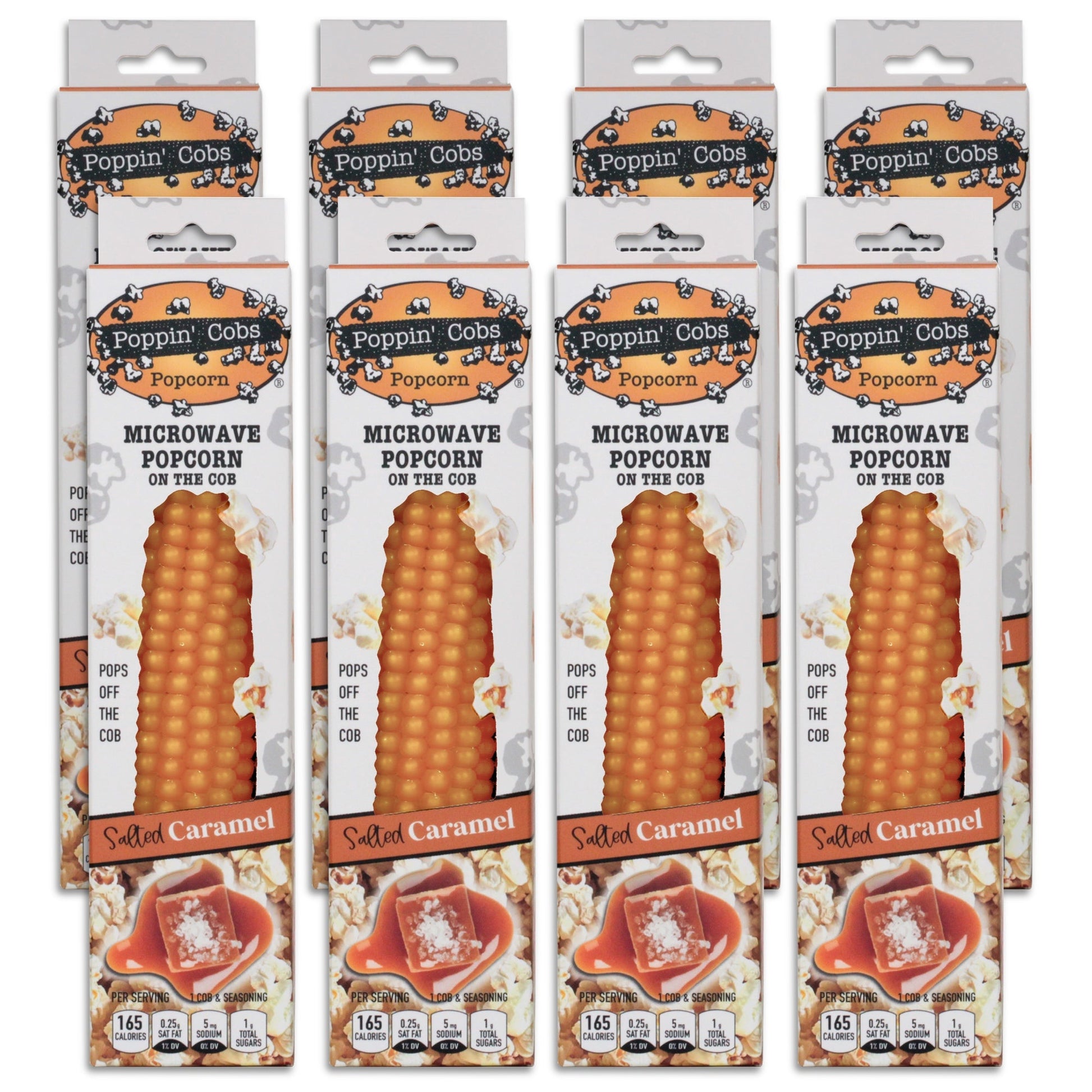 8 packages of Poppin' Cobs microwave popcorn in Salted Caramel flavor packaging.