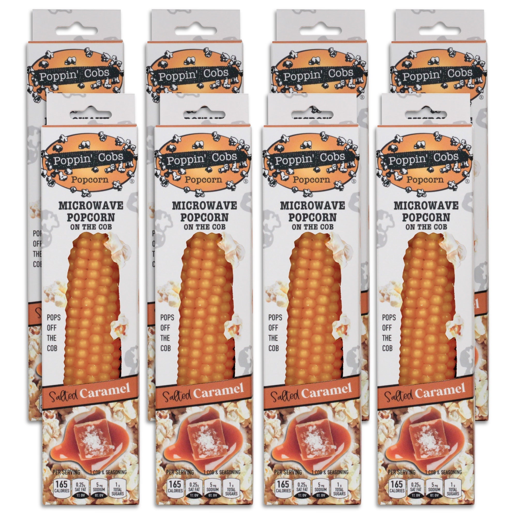 8 packages of Poppin' Cobs microwave popcorn in Salted Caramel flavor packaging.