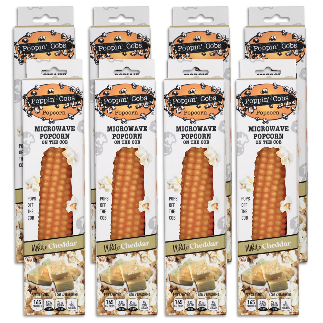 Poppin' Corn microwave popcorn on the cob with packaging and white cheddar cheese cubes.