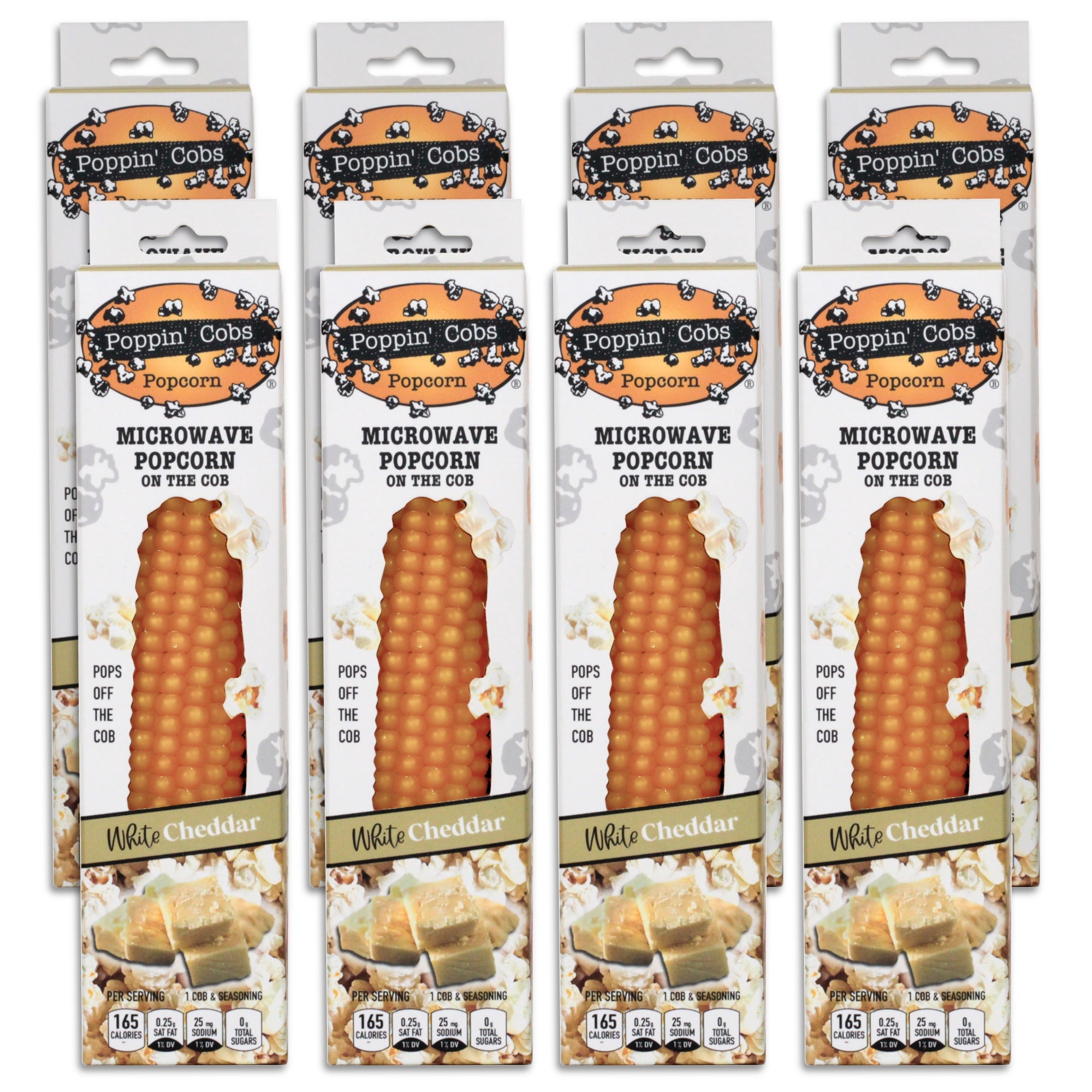 8 packages of Poppin' Corn microwave popcorn on a white background