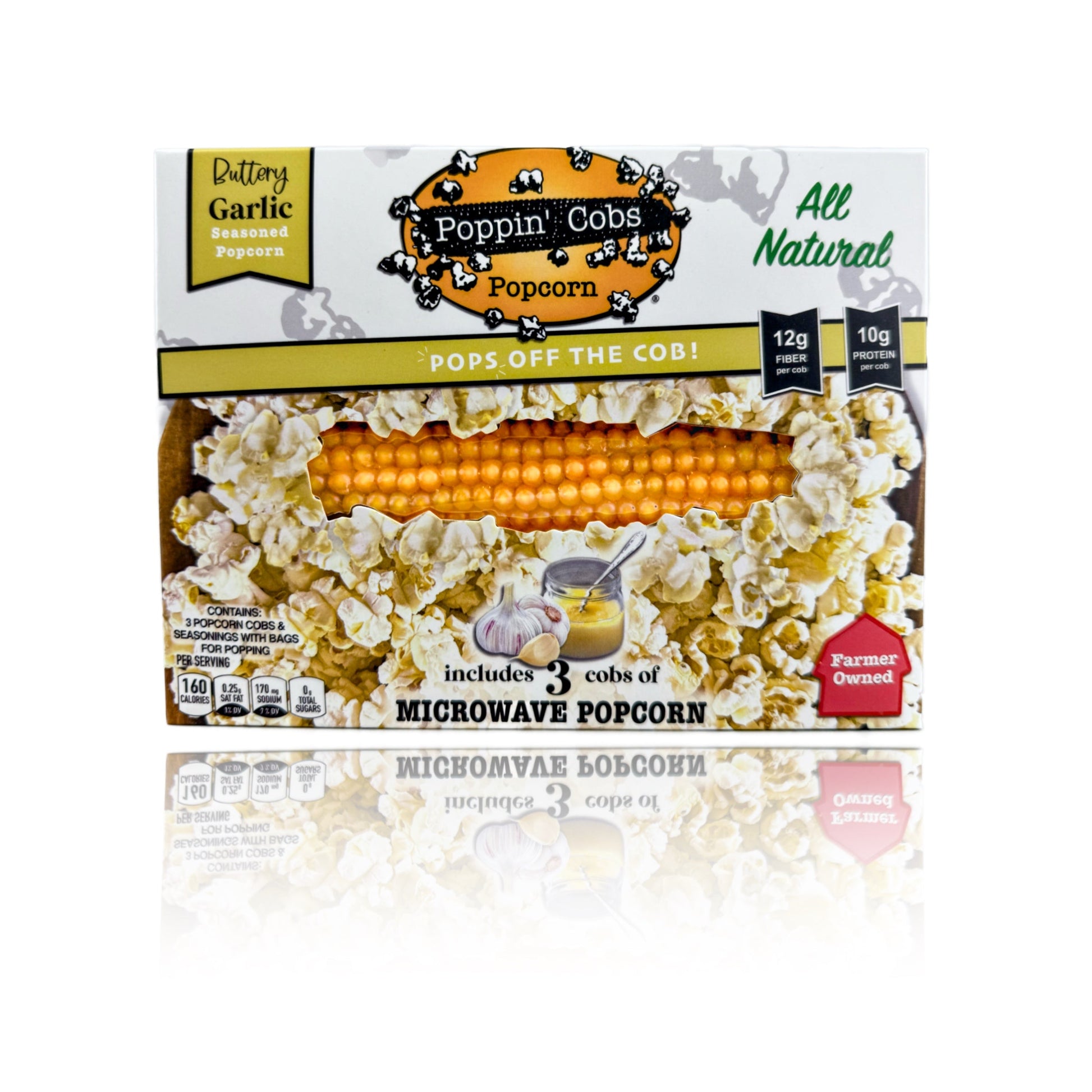 Poppin' Cobs popcorn package with microwave popcorn on the cob and popcorn on a white background