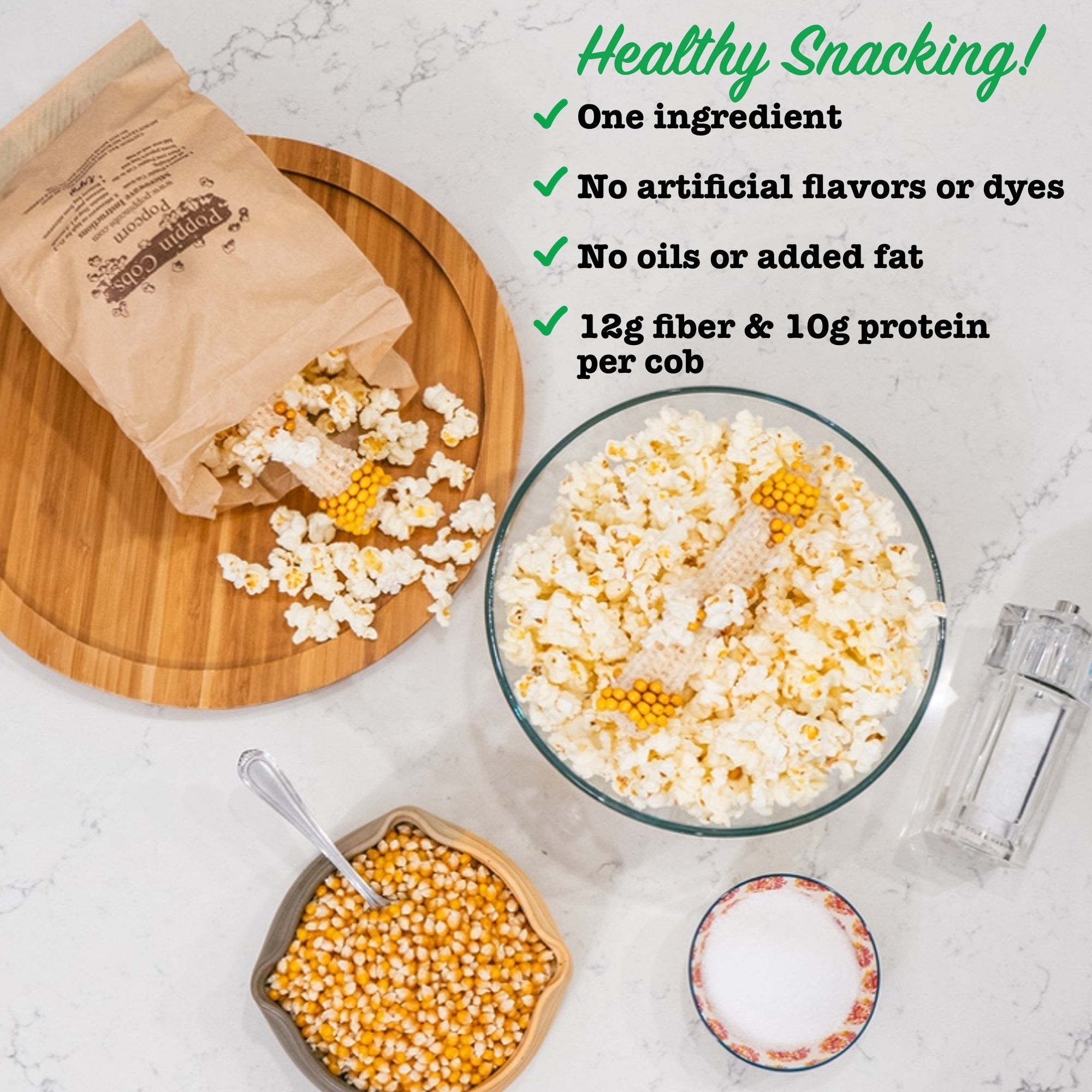 Popcorn being made with ingredients on a marble surface and text highlighting healthy snack properties.