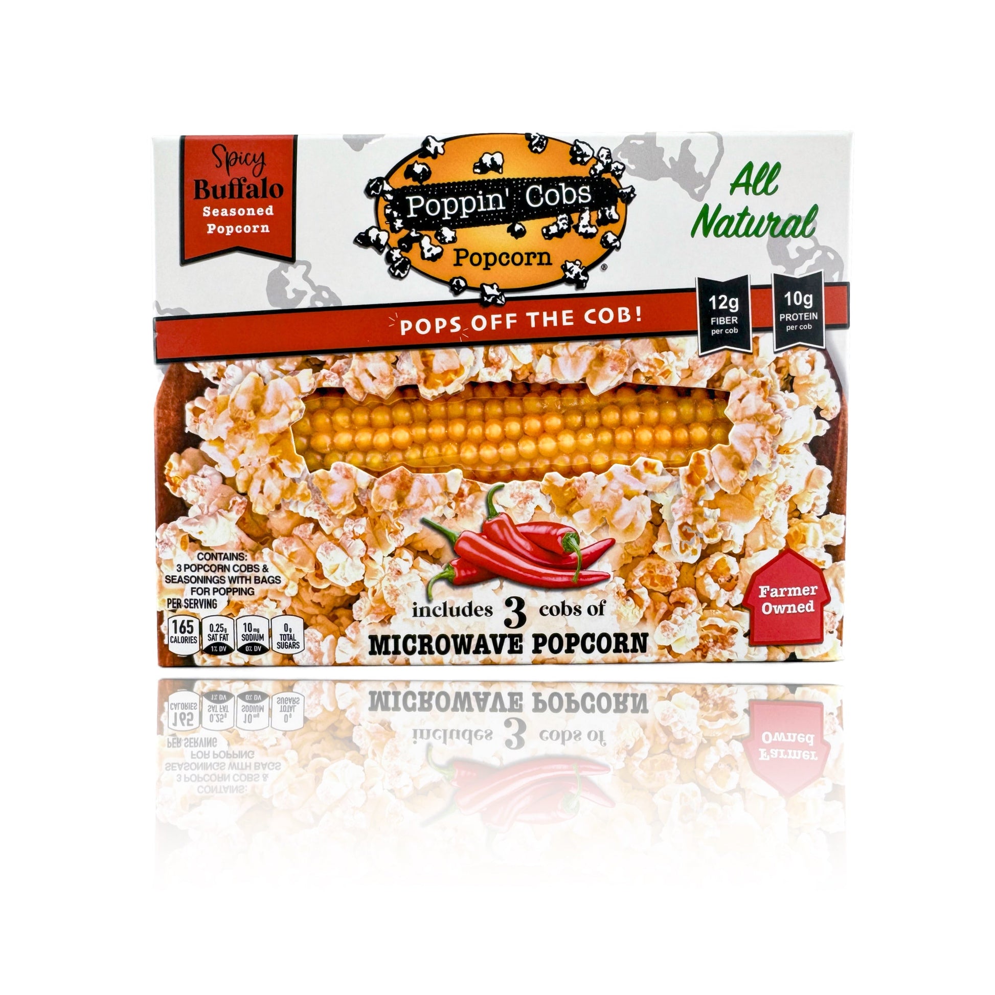 Poppin' Cobs Spicy Buffalo Popcorn package on a white background