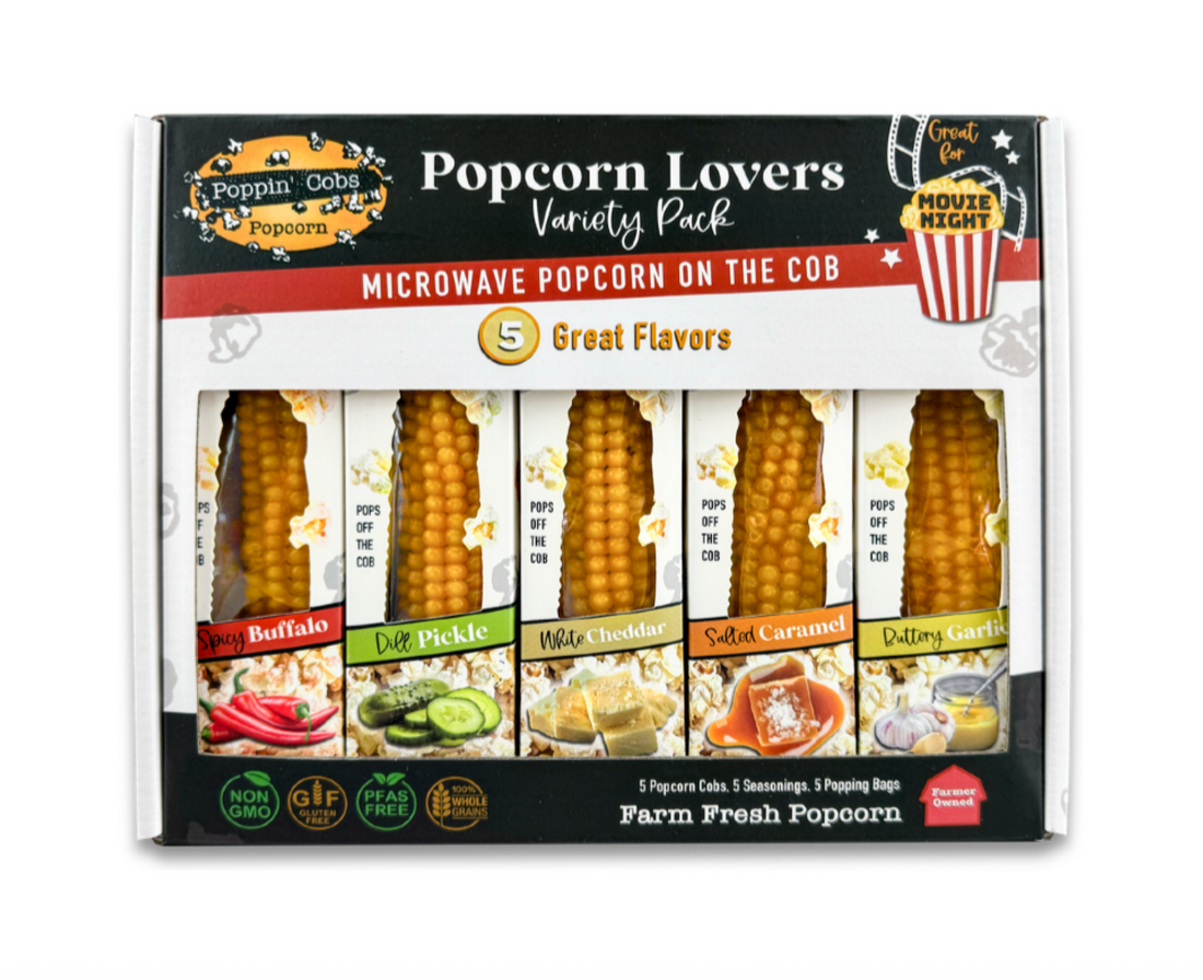 Popcorn Lovers Variety Pack box with five flavors displayed on a white background