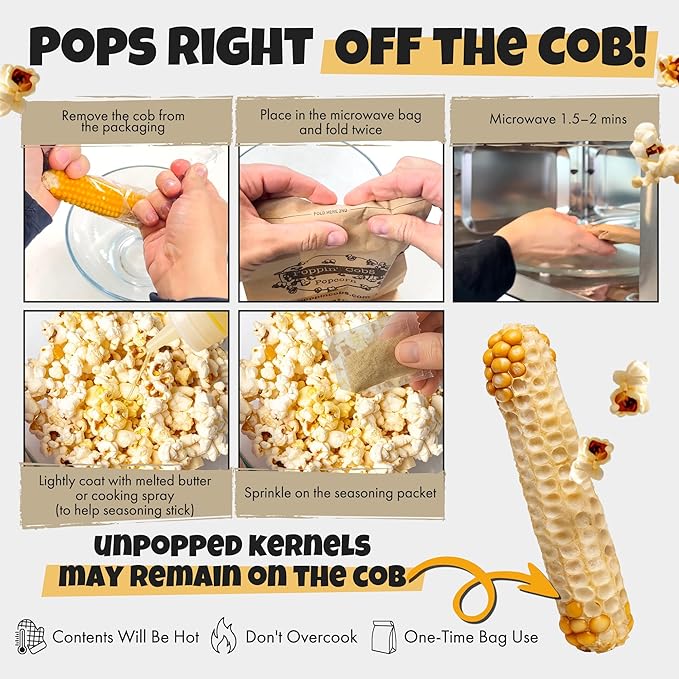 Instructions for microwaving corn on the cob with popcorn kernels.
