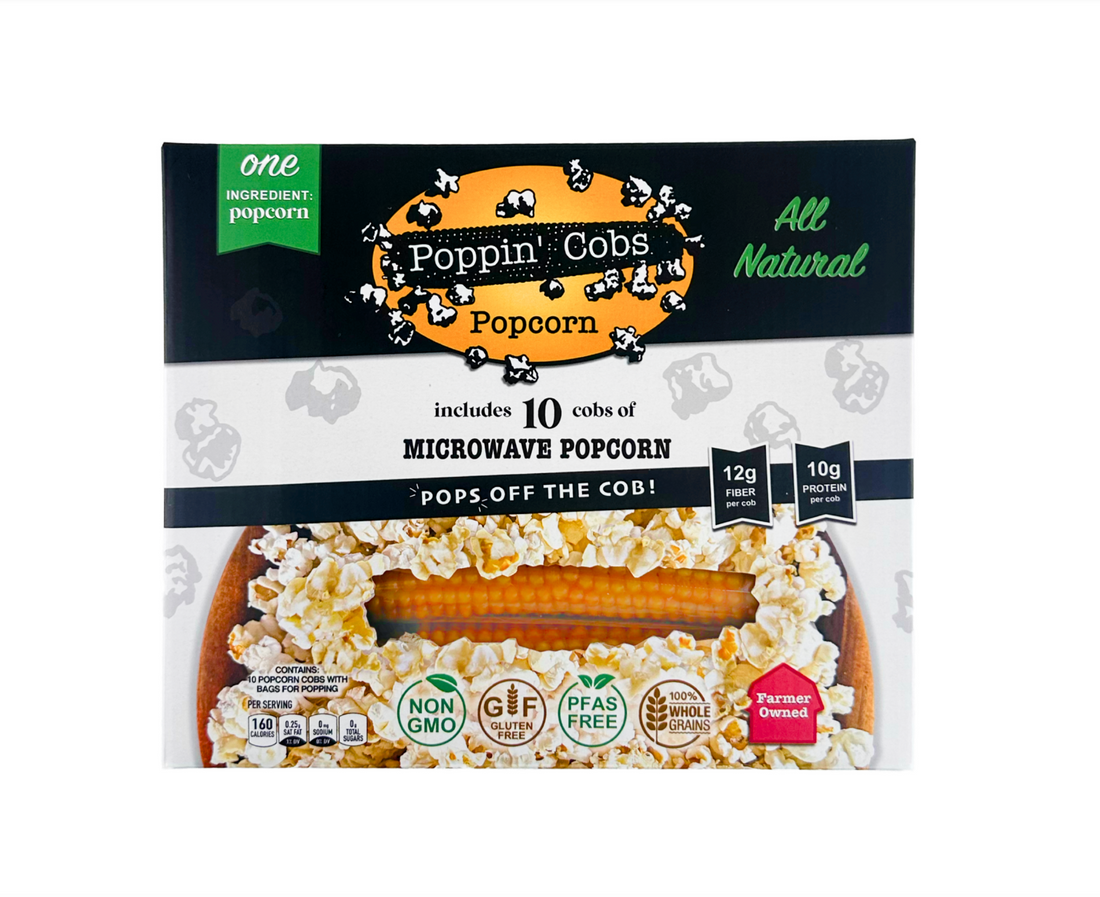Poppin' Cobs popcorn packaging with a white background
