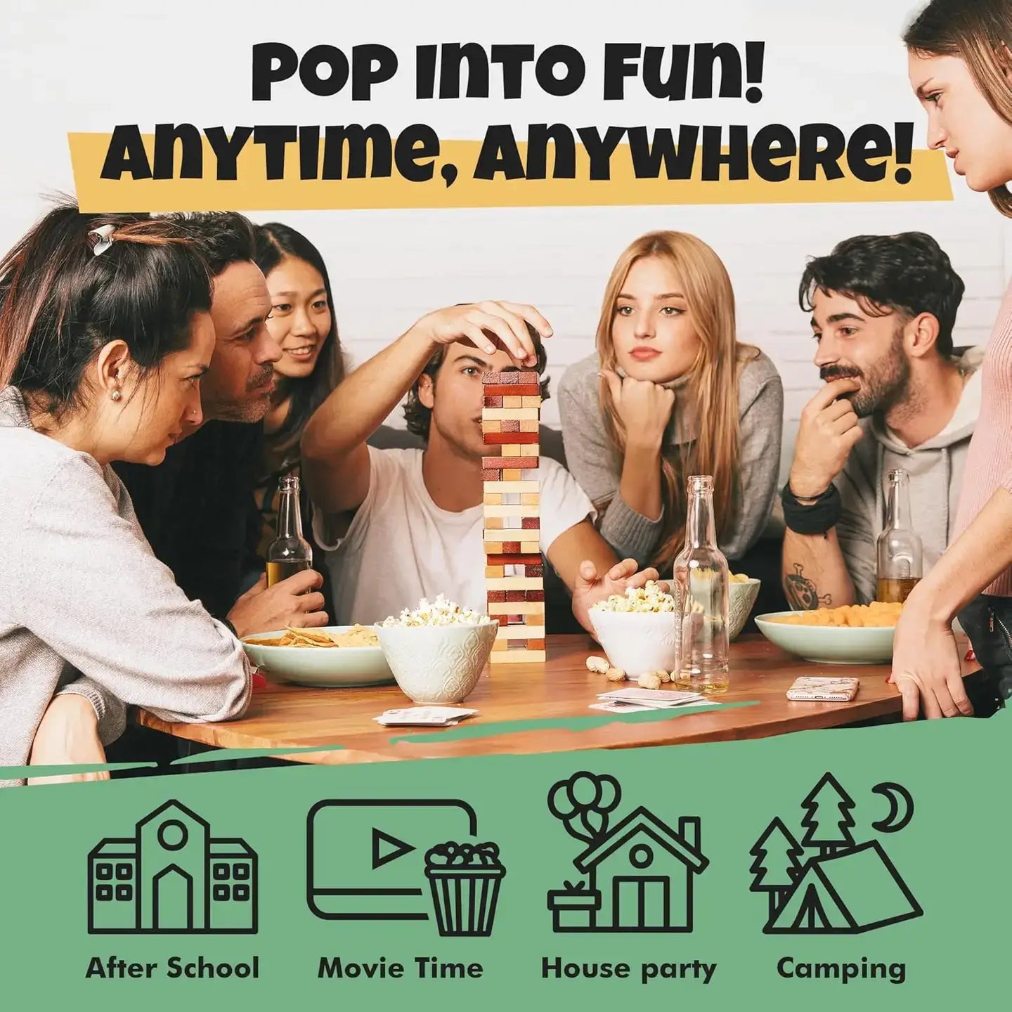 Group of friends playing Jenga together with snacks and drinks, promotional text 'Pop into Fun! Anytime, Anywhere!' at the top.