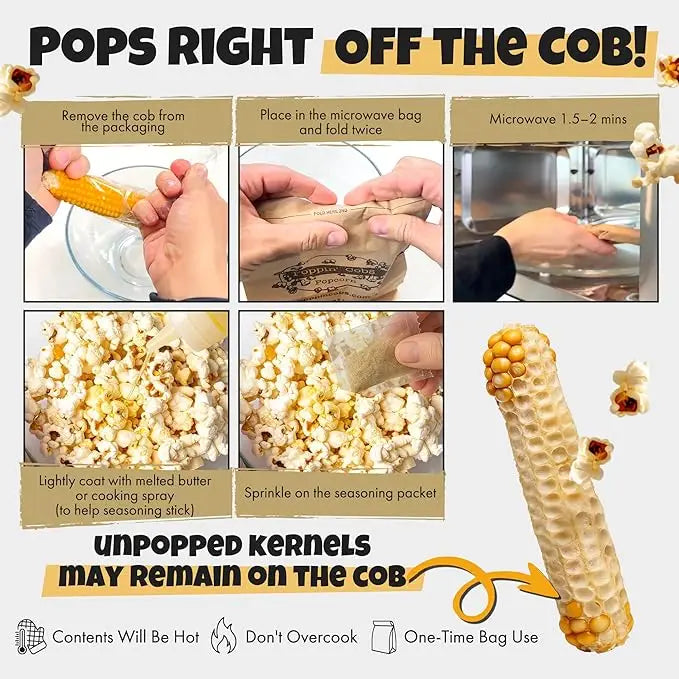 Step-by-step guide on how to microwave popcorn from a corn cob with text instructions.