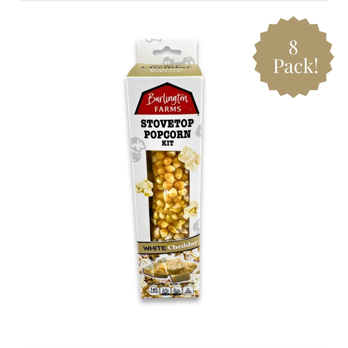 Burlington Farms stovetop popcorn kit packaging on a white background