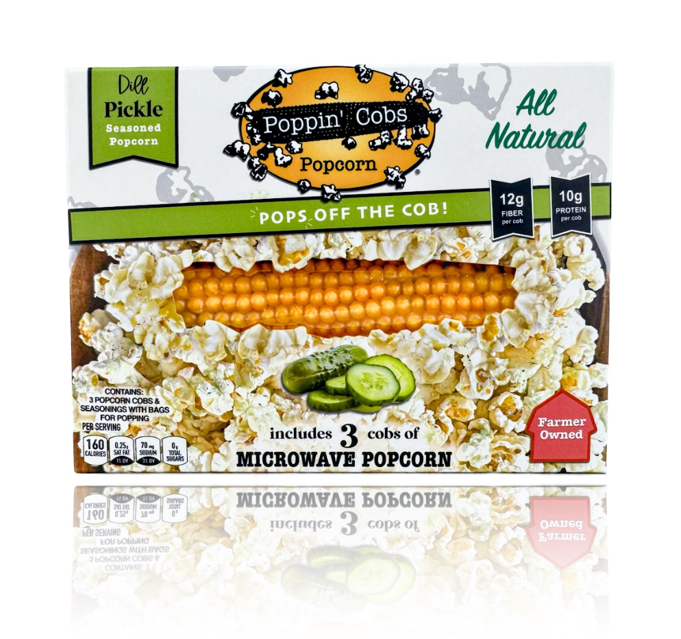 Poppin' Cobs Popcorn packaging with a corn illustration on a white background, Dill Pickle Microwave Popcorn on a cob