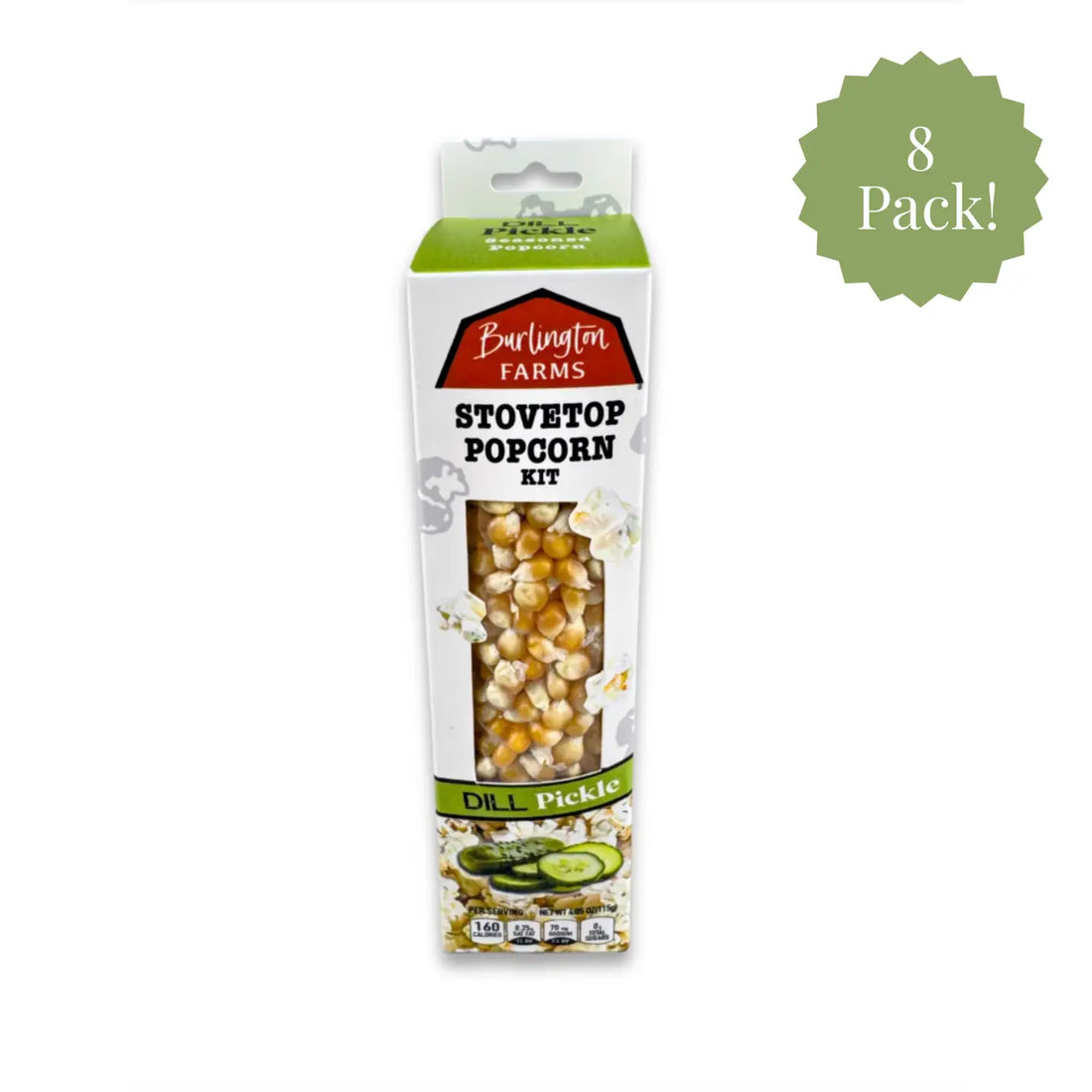 Burlington Farms stovetop popcorn kit packaging with dill pickle flavor on a white background