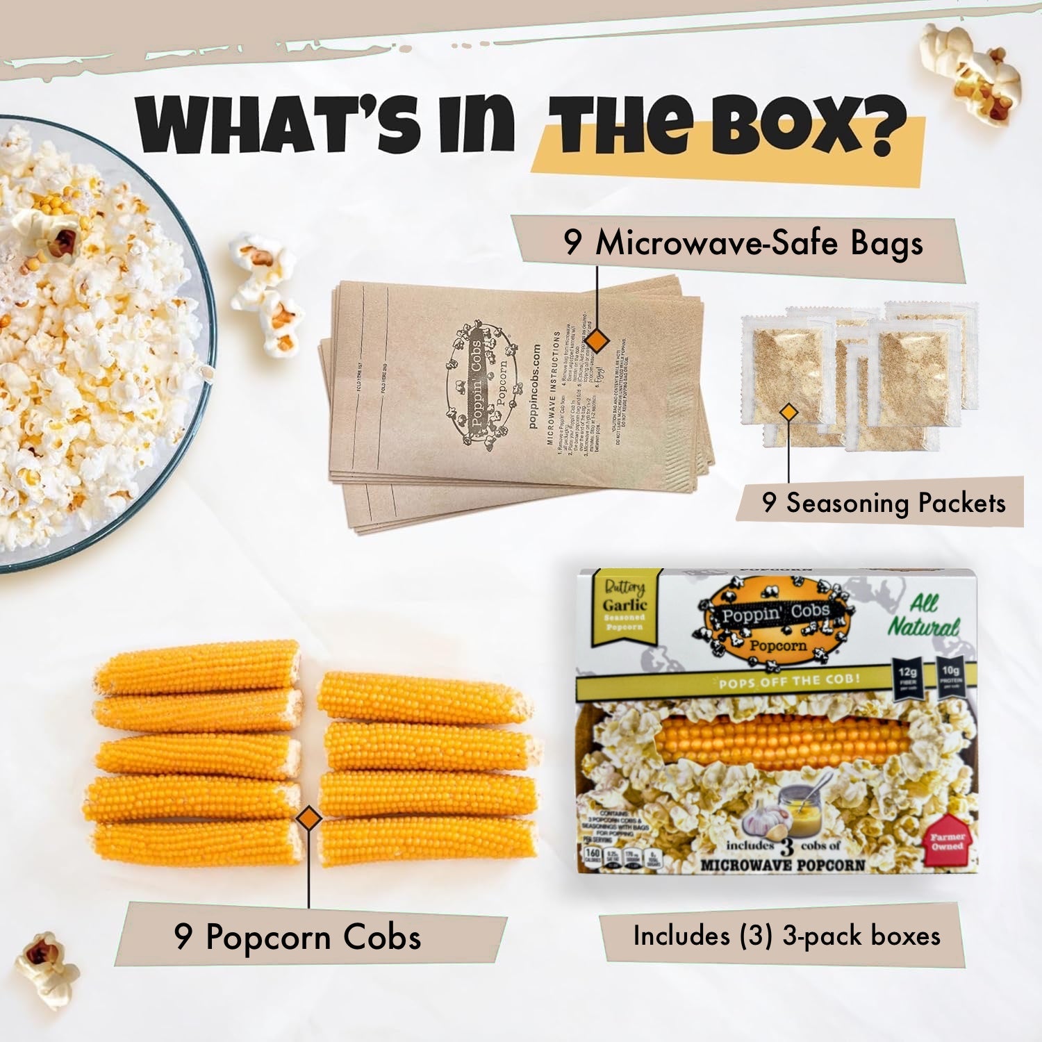 Popcorn kit contents including popcorn cobs, seasoning packets, and bags on a white background.