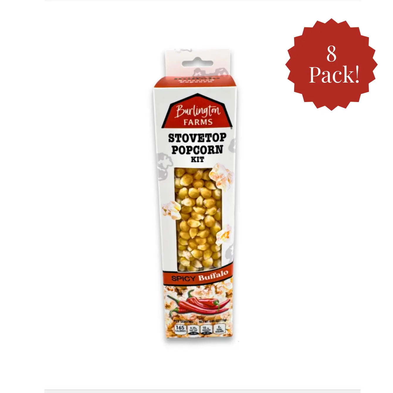 Burlington Farms Spicy Buffalo Stovetop Popcorn Kit packaging on a white background