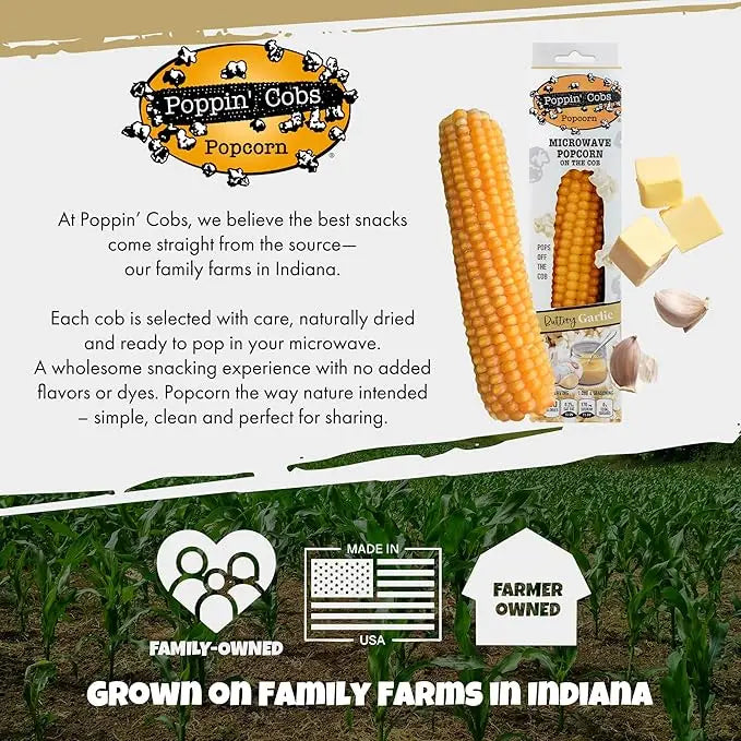 Poppin' Cobs popcorn packaging with corn and butter, set against a background of a cornfield.