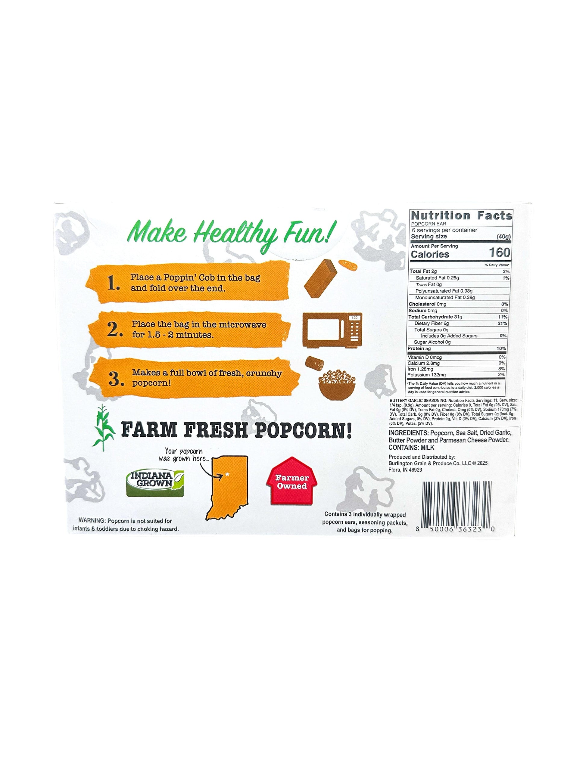 Popcorn packaging with instructions and nutrition label on a white background