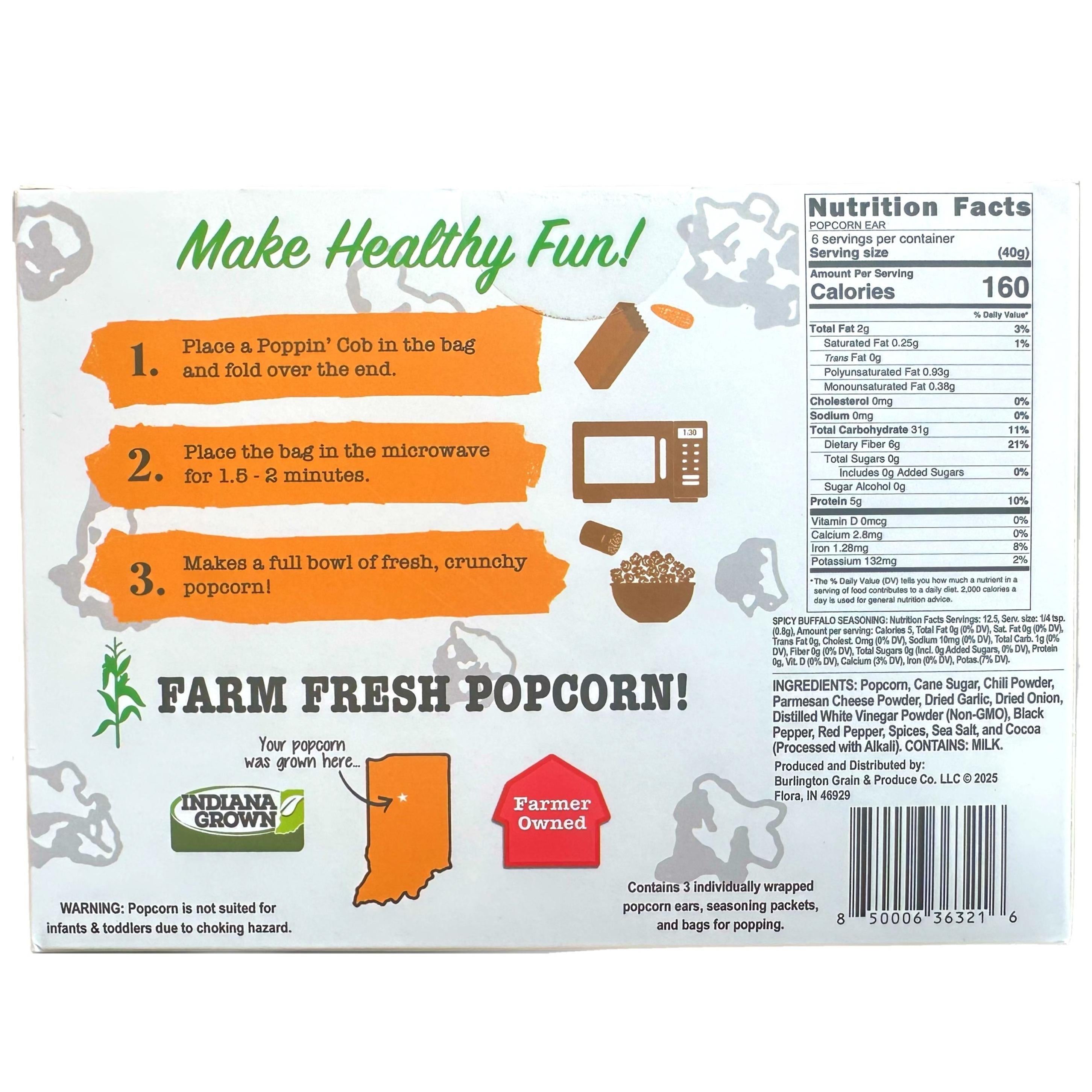 Popcorn packaging with instructions and nutrition facts on a white background