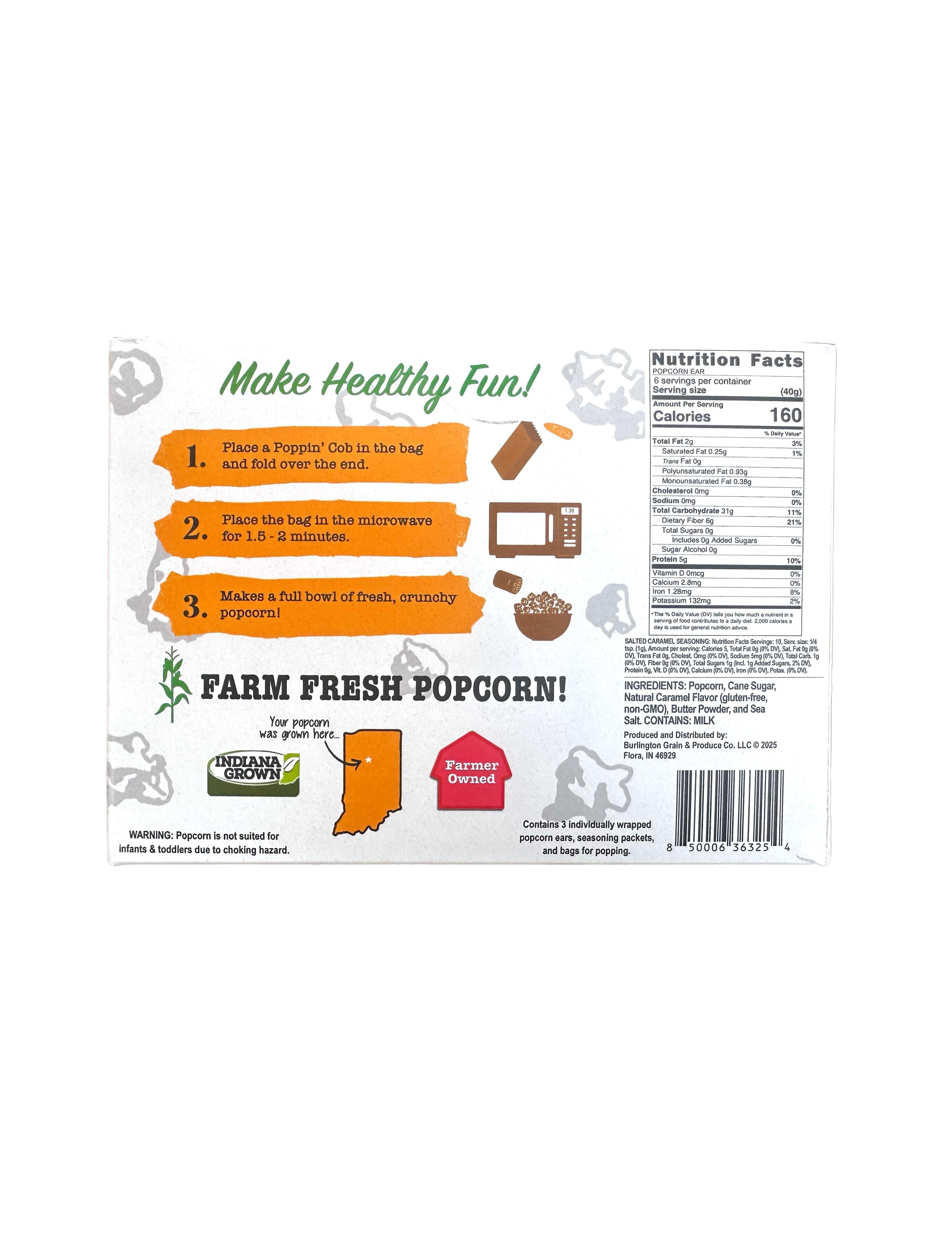 Popcorn bag label with instructions and branding on a white background