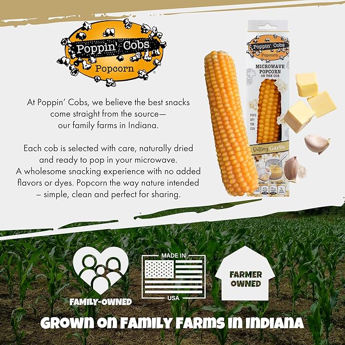 Poppin' Cobs popcorn packaging with corn and butter, set against a background of a cornfield. 