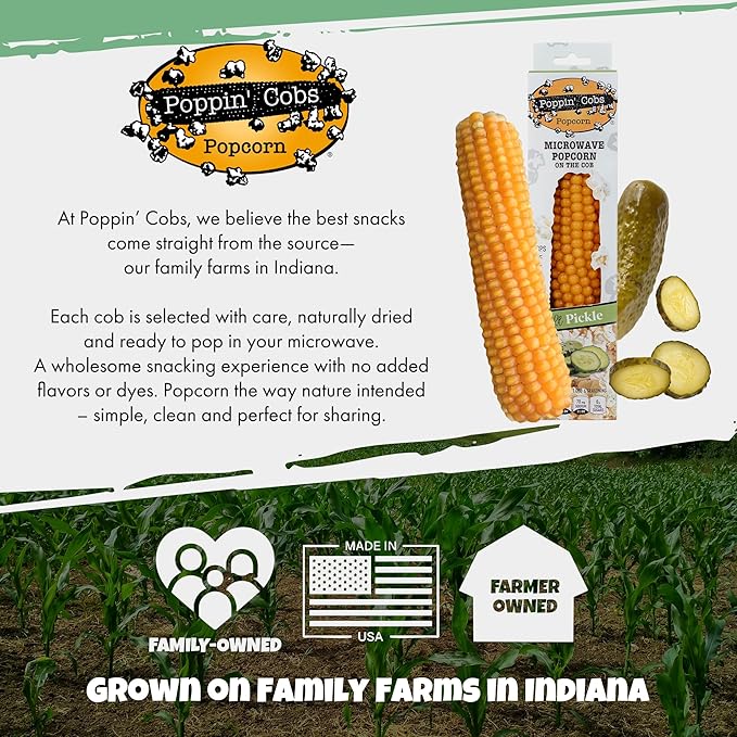 Poppin' Cobs popcorn packaging with corn illustration and text about family farms in Indiana.