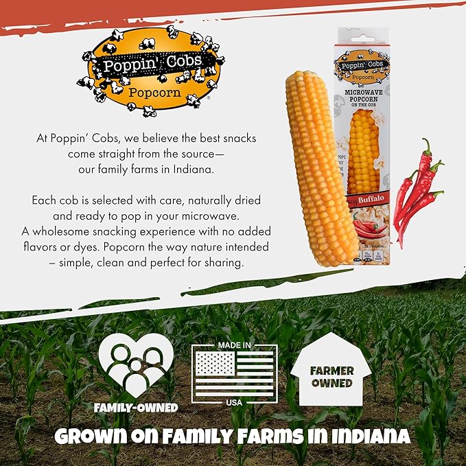 Poppin' Cobs popcorn packaging with corn illustration and text about family farms in Indiana.