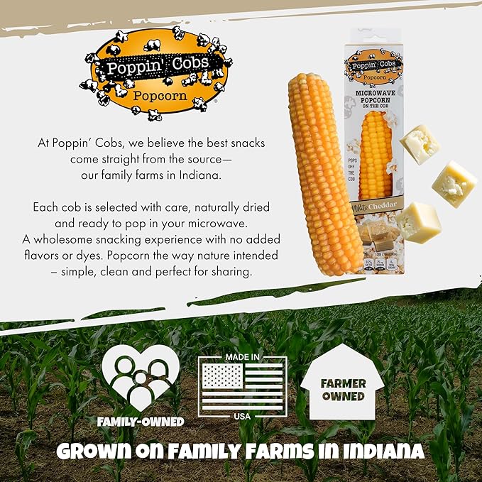 Poppin' Cobs popcorn packaging with corn cob and butter, set against a cornfield background.