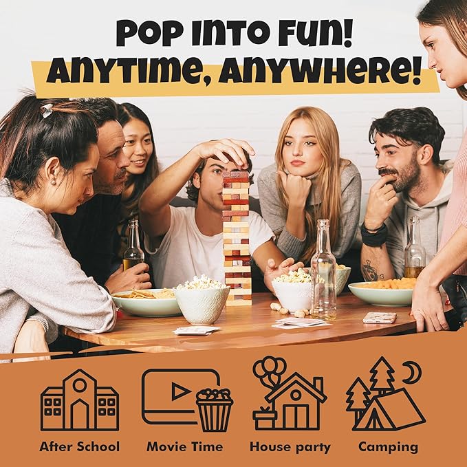 Group of friends playing with a tower game, enjoying snacks and drinks, with text 'Pop into Fun! Anytime, Anywhere!' and lifestyle icons below.