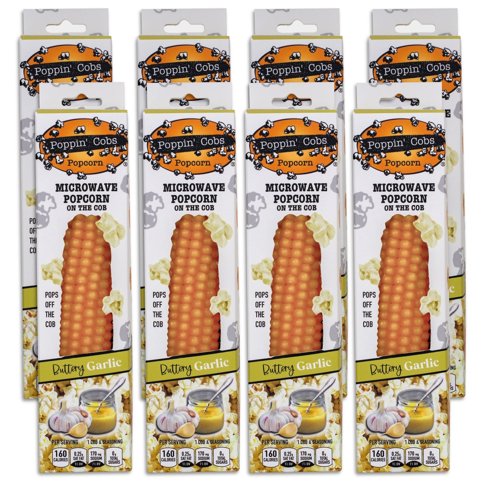 Eight packages of Poppin' Cobs Popcorn - Buttery Garlic flavored popcorn on the cob