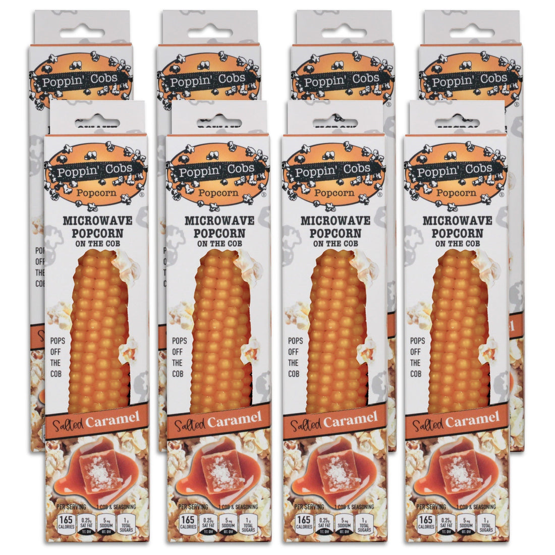 Poppin' Cobs Popcorn on a cob with packaging and caramel pieces on a white background